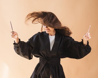 ORGANIC LINEN ROBE, Black Kimono Robe, Linen Dress Bathrobe, Lightweight and Soft Cotton Robe with Short For Anniversary/Wedding Bride