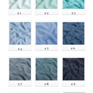 May include: Twelve fabric swatches of 100% cotton muslin in various shades of blue, green, grey, and black. The swatches are arranged in a grid with numbers 1 through 12 below each swatch. The text "MUSLIN 100% Cotton @senera.wear" is at the top of the image.