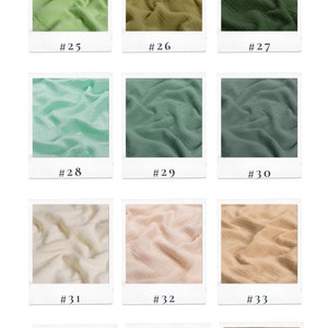 May include: A collection of 12 fabric swatches in various shades of green, beige, and brown. The fabric is a soft, textured muslin, ideal for sewing projects. The swatches are labelled with numbers 25 through 36.