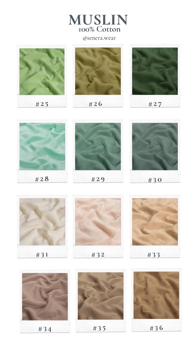 May include: A collection of 12 fabric swatches in various shades of green, beige, and brown. The fabric is a soft, textured muslin, ideal for sewing projects. The swatches are labelled with numbers 25 through 36.