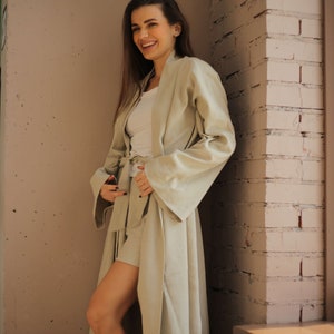 LINEN KIMONO ROBE, Plus Size Kimono, Beige Linen Long Dress Bathrobe Gown With Shorts, Long Sleeved Japanese Classic Kimono Suit