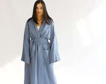 PLUS SIZE KIMONO, Long Kimono Robe, Handmade Blue Beach Muslin Japanese Classic Kimono, Organic Long Sleeve Womens Bathrobe
