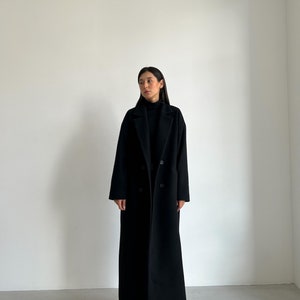 BLACK LONG COAT Comfortable Coat, Wool Women Warm Winter Coat, Handmade Long Sleeve Casual Women Coat, Minimalist Coat, Casual, Gift zdjęcie 5