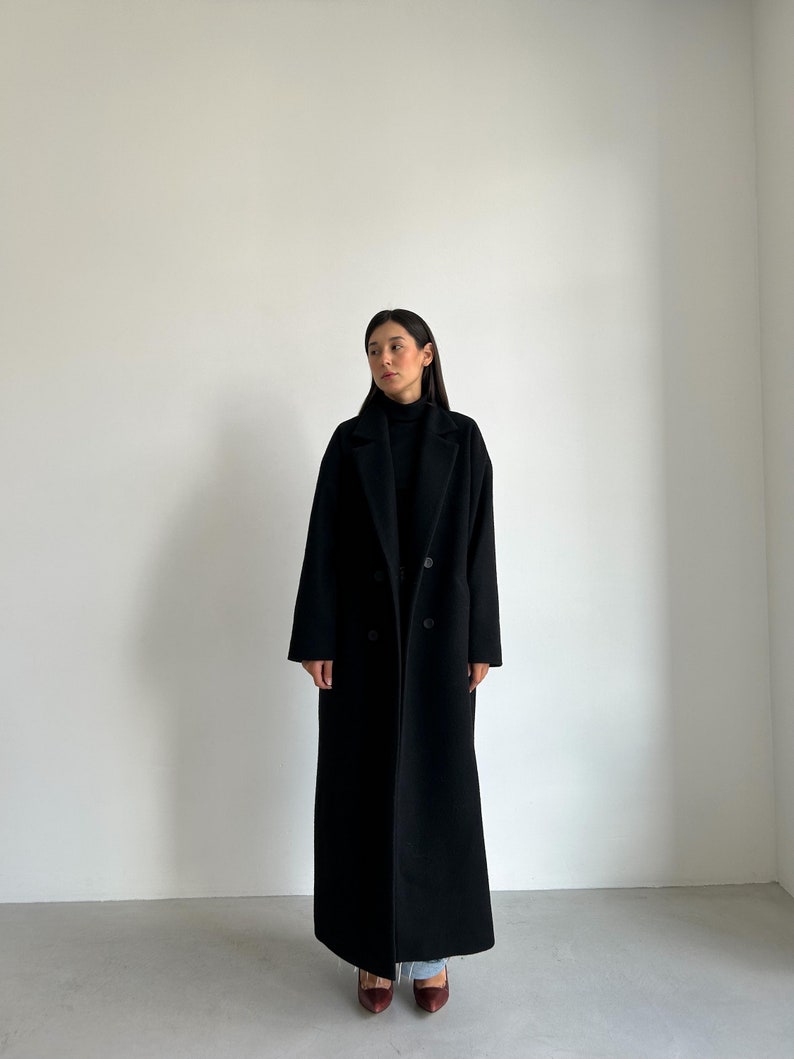 BLACK LONG COAT Comfortable Coat, Wool Women Warm Winter Coat, Handmade Long Sleeve Casual Women Coat, Minimalist Coat, Casual, Gift image 5