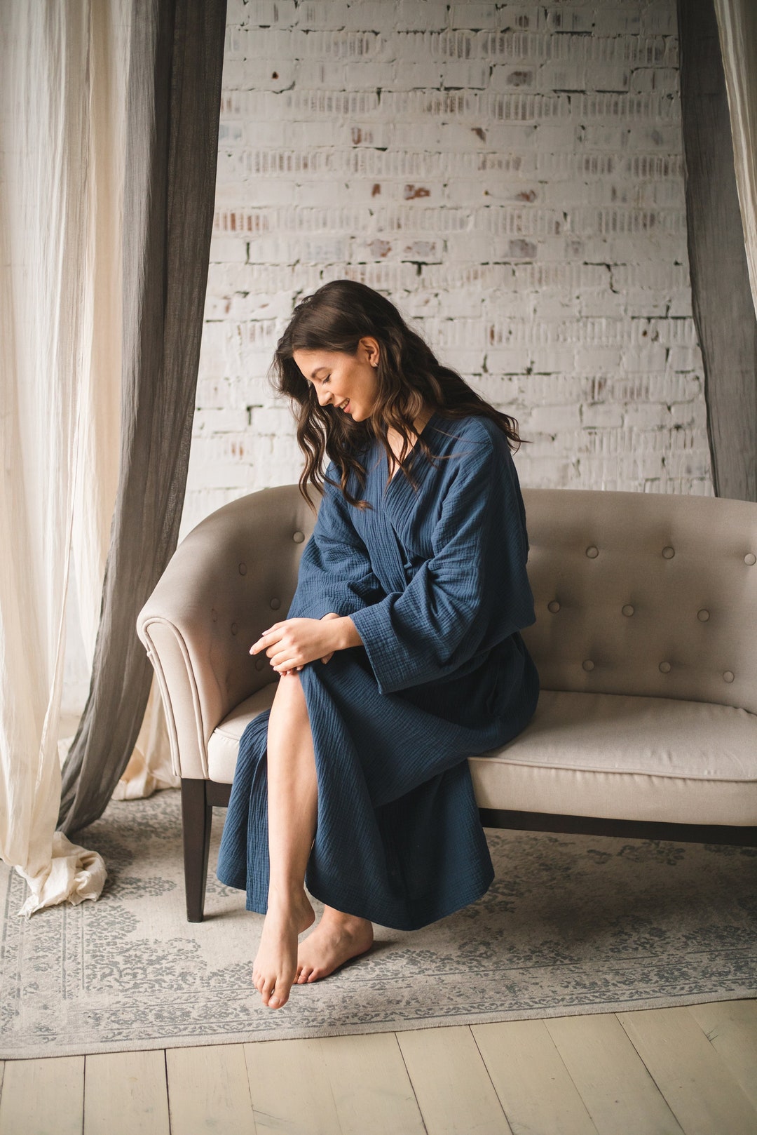 LONG KIMONO ROBE, Cotton Bathrobe, Graphite Beach Long Cape Double Layer Muslin Bathrobe for ...