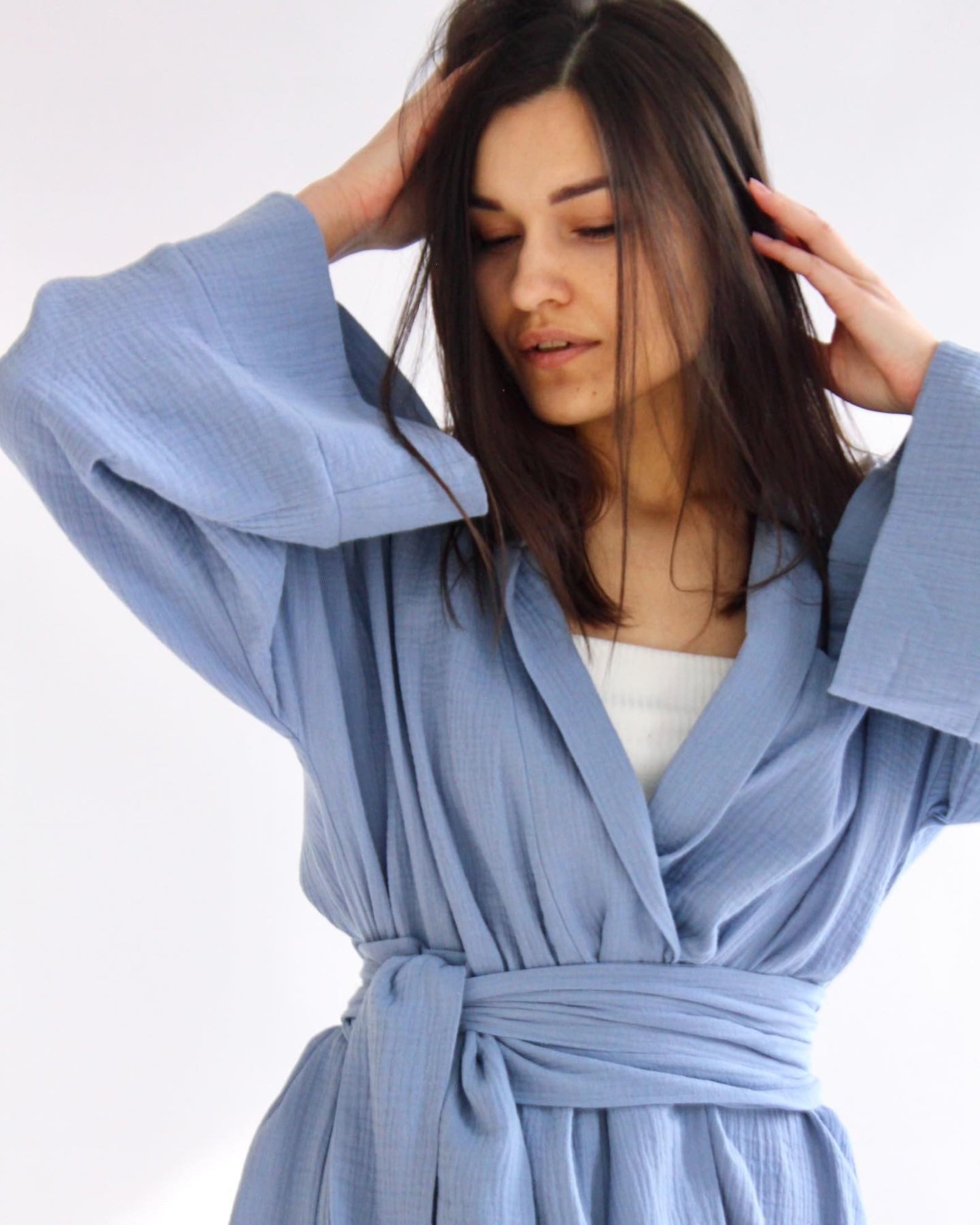 Layered Robe LONG KIMONO ROBE, Cotton Bride Bathrobe, Hen-party Blue Beach Long Cape ...