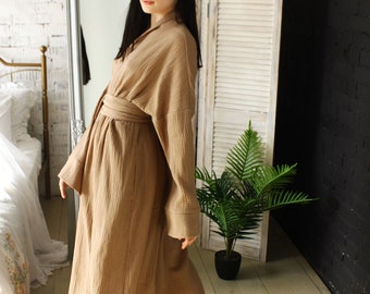 PLUS SIZE KIMONO, Long Kimono Robe, Handmade Natural Beige Muslin Japanese Classic Kimono, Organic Long Sleeve Womens Bathrobe