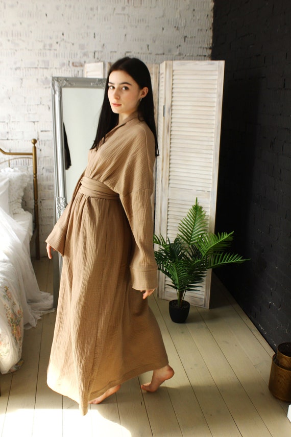 Special PLUS SIZE KIMONO, Long Kimono Robe, Handmade Natural Beige Muslin Japanese Classic Kimono, Organic Long Sleeve Womens Bathrobe