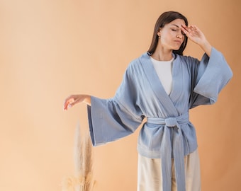 ORGANIC COTTON ROBE, Grey Blue Short Kimono Robe, Muslin Bathrobe, Lightweight and Soft Cotton Robe with Short For Anniversary/Birthday Gift