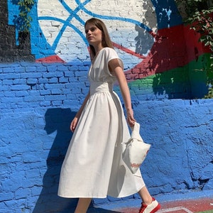 LONG LINEN DRESS, Organic Linen Dress, Ukrainian Fabric Comfortable Summer Linen Dress, Short Sleeve White Linen Dress Gift For Mom