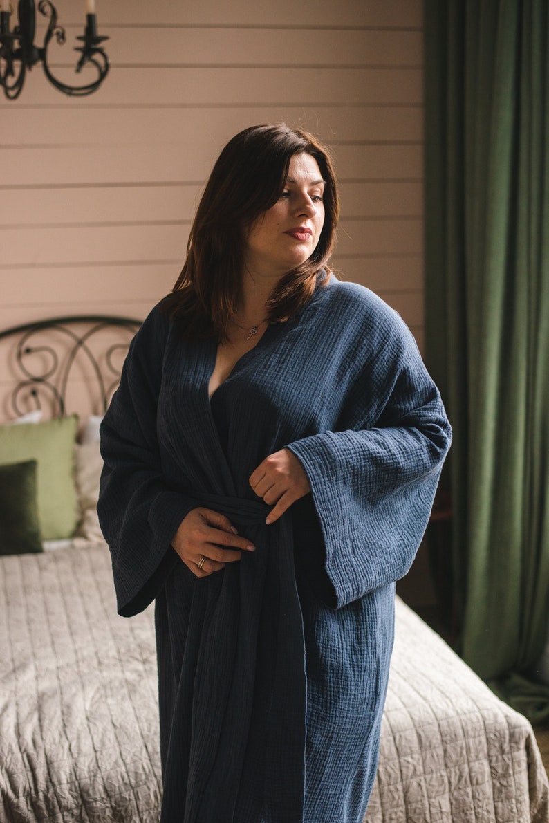 PLUS SIZE KIMONO, Long Kimono Robe, Handmade Bride Blue Beach Muslin Japanese Classic Kimono, Hen-party Organic Long Sleeve Womens Bathrobe image 1