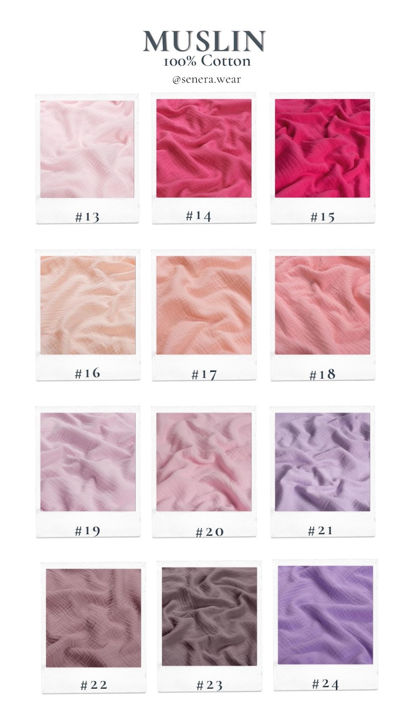 May include: A collection of 12 fabric swatches in various shades of pink, peach, purple, and grey. The fabric is a soft, textured muslin, ideal for sewing projects. The swatches are labelled with numbers 13 through 24.
