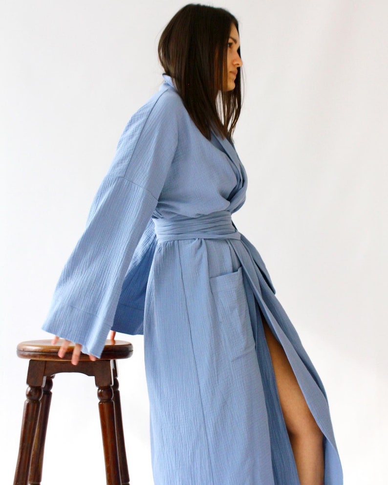 Layered Robe LONG KIMONO ROBE, Cotton Bride Bathrobe, Hen-party Blue Beach Long Cape ...