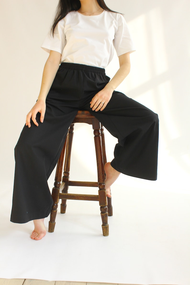 MUSLIN/LINEN TROUSERS, Black Linen Pants, trousers of free cut with an elastic band , Black minimal trousers image 1