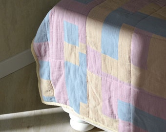 Patchwork muslin bedspread, sofa throw,  handmade bed blanket muslin patchwork, cotton warm bedspread