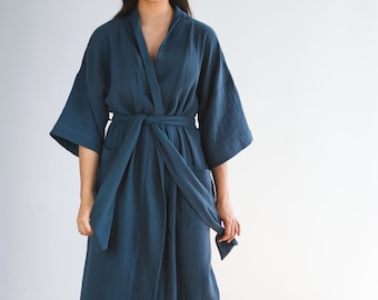 LONG KIMONO ROBE, Cotton Bathrobe, Bride Graphite Beach Long Cape Double Layer Muslin Bathrobe For Women, Plus Size Modern Hen-party Robe