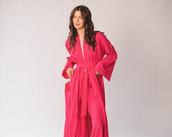 PLUS SIZE KIMONO, Long Kimono Robe, Handmade Natural Pink Muslin Japanese Classic Kimono, Organic Long Sleeve Womens Bathrobe, Pregnancy