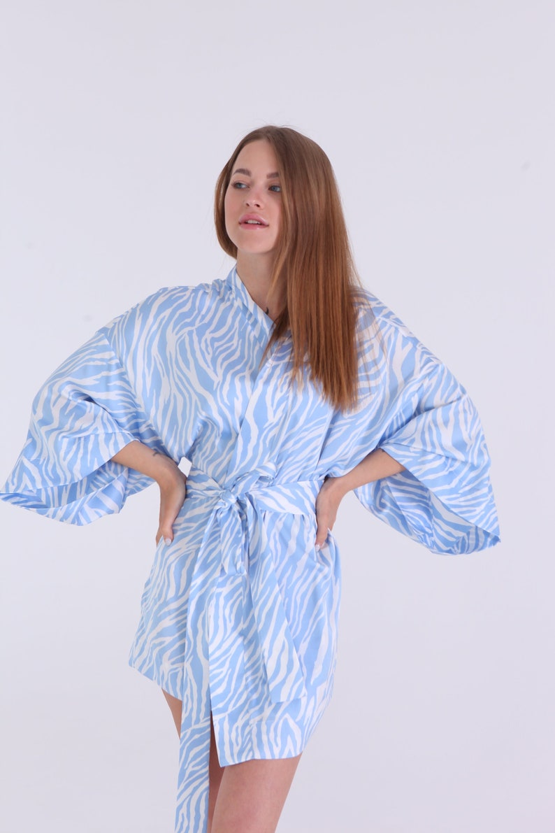 SILK KIMONO COSTUME, Short Silk Robe, Blue Zebra Animal Comfortable Silk Kimono Robe, Plus Size Party Wear, Ukrainian handmade image 2