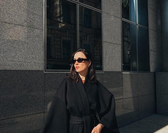 Jersey Black Kimono, Warm Kimono Cape, Natural Jersey, Gift for girl, Pinterest vibe, Kimono urban Robe for outside