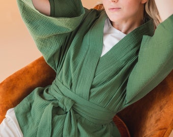 ORGANIC COTTON ROBE, Short Kimono Robe, Muslin Bathrobe, Lightweight and Soft Cotton Robe with Short For Anniversary/Christmas Gift
