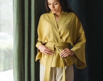 ORGANIC COTTON ROBE, Mustard Short Kimono Robe, Muslin Bathrobe, Lightweight and Soft Cotton Robe with Short For Anniversary/Christmas Gift