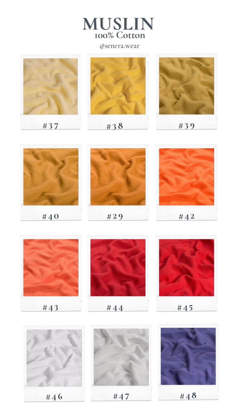 May include: A collection of 12 fabric swatches in various colours, including yellow, orange, red, white, and blue. The swatches are arranged in a grid pattern and labelled with numbers. The text "MUSLIN 100% Cotton @senera.wear" is displayed at the top of the image.