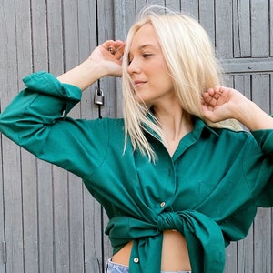 BUTTON FRONT DRESS, Emerald Green Shirt, Cut Oversize Сoconut Buttons Green Grass Dress Shirt With One Pocket, Organic Summer Clothing