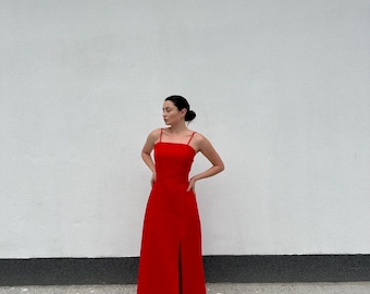 LONG LINEN Cocktail DRESS, Organic Linen Dress, Ukrainian Fabric, Long Red Linen Dress,Short Sleeve Red Linen Dress, Gift For Mom