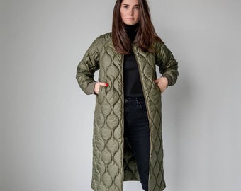 GREEN LONG BOMBER Comfortable Coat, Plus Size Women Party Warm Winter quilted Coat, Handmade Long Sleeve Casual Women Coat