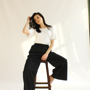 MUSLIN/LINEN TROUSERS, Black Linen Pants, trousers of free cut with an elastic band , Black minimal trousers image 3