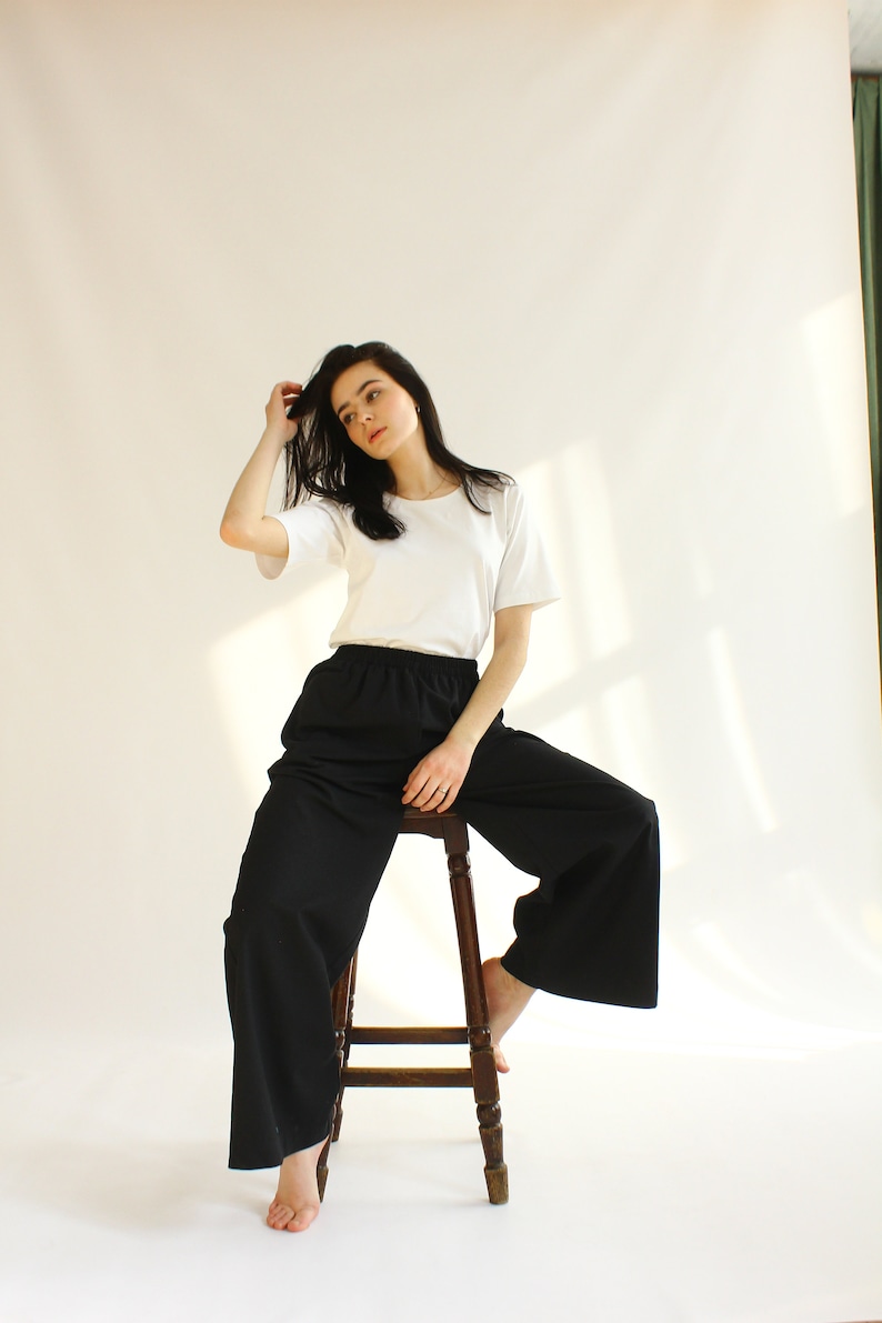 MUSLIN/LINEN TROUSERS, Black Linen Pants, trousers of free cut with an elastic band , Black minimal trousers image 3