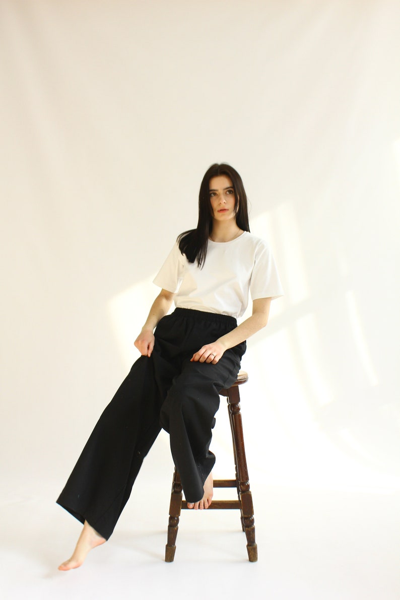 MUSLIN/LINEN TROUSERS, Black Linen Pants, trousers of free cut with an elastic band , Black minimal trousers image 4