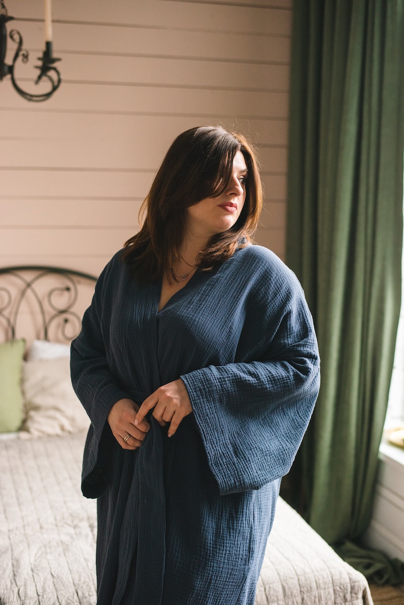 PLUS SIZE KIMONO, Long Kimono Robe, Handmade Bride Blue Beach Muslin Japanese Classic Kimono, Hen-party Organic Long Sleeve Womens Bathrobe image 4