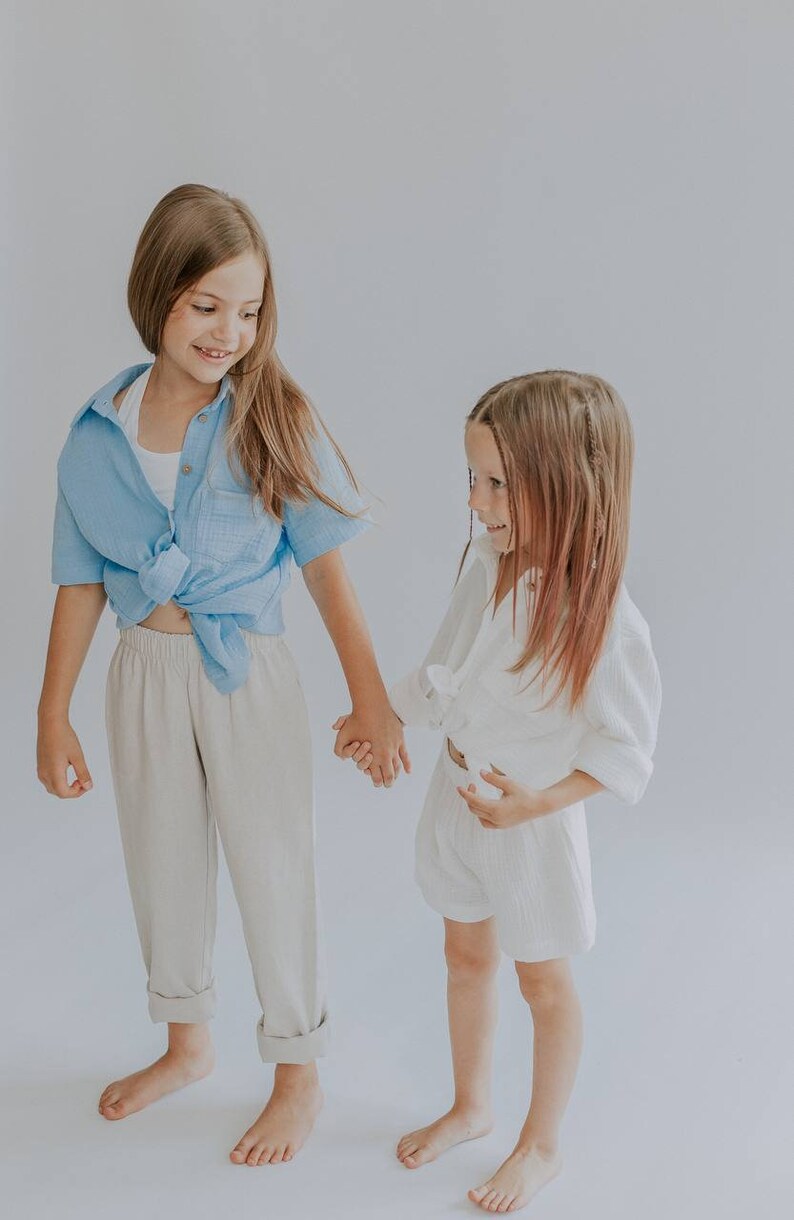 PANTALON EN LIN BIOLOGIQUE, Pantalon taille haute, Pantalon en lin double couche en mousseline surdimensionnée, Vêtements dété pour enfants faits à la main Cadeau pour enfants image 4