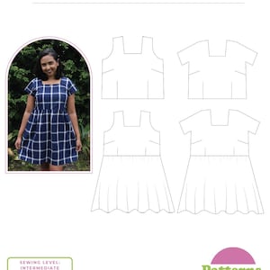 Puede incluir: Un patrón de costura digital para un vestido y una blusa con escote cuadrado. El patrón es para las tallas 4-40 y está clasificado como nivel intermedio. El patrón se llama "Rani Dress & Top" y es de Paary.