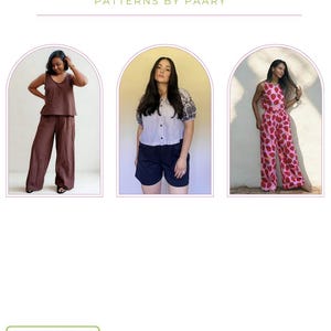May include: Image of a sewing pattern titled "Arya Shorts & Trousers" by Patterns by Paary. The image features three models wearing different outfits, including shorts and trousers. The sewing level is "Adventurous Beginner" and sizes range from 4-40.