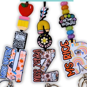 Personalized Teacher Lanyard, Silicone Beads, School Charm Badge Holder, Boho Style