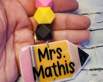 Personalized Glitter Pencil Lanyard, Breakaway ID Badge Holder, Educator Accessory for Teacher Appreciation