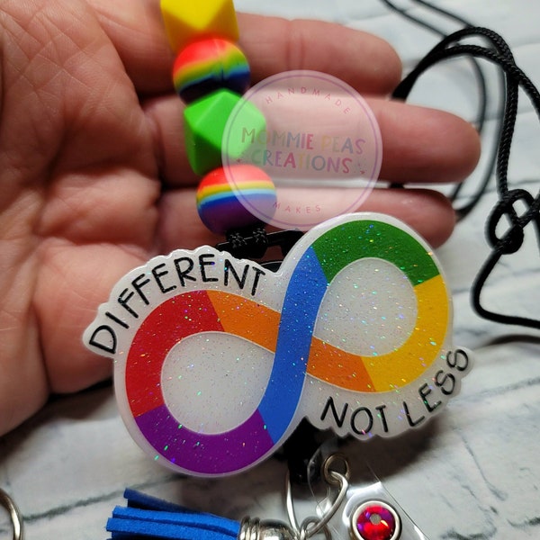 Different not Less | ASD|  Neurodiversity Rainbow Infinity | Silicone Lanyard | Acrylic glitter id holder, sped teacher, retractable lanyard