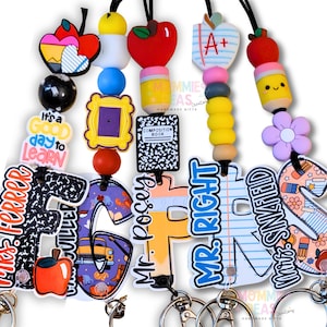 Personalized Teacher Lanyard | School Theme Beaded ID Holder | Trendy Educator Appreciation Gift