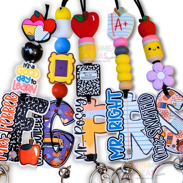 Personalized Teacher Lanyard | Beaded Badge Holder | School Charm | Acrylic Initial | Educator Gift