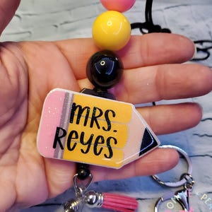 Glitter Pencil Retractable Badge Reel | Personalized Teacher ID Holder | Beaded Lanyard