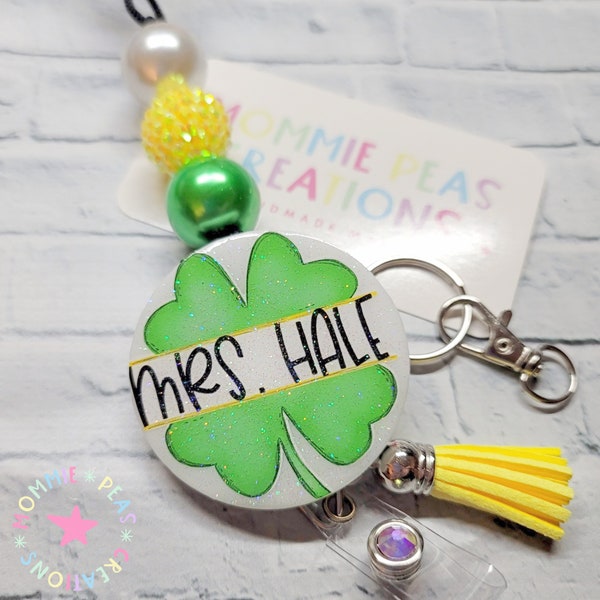 St Patrick's Day Teacher Lanyard | Shamrock Clover badge reel lanyard | Personalized Breakaway ID holder | Leprechaun retractable | Green