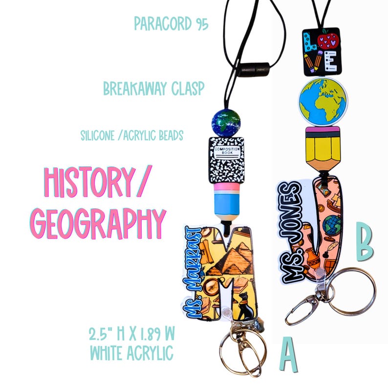 May include: Two lanyards with history and geography themes. One features an "M" with pyramids and a cat, the other a "J" with a globe and pencil. Both have silicone beads, breakaway clasps, and the text "Ms. Jones" and "Ms. Marrast".