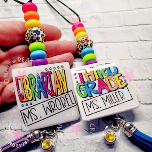 Rainbow Leopard Beaded Teacher Lanyard, Personalized Badge Reel Holder