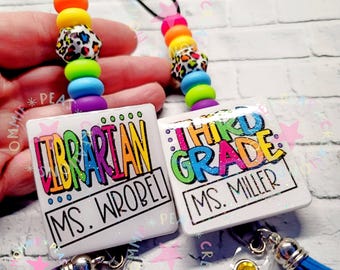 Rainbow Leopard Beaded Teacher Lanyard with Badge Reel, Personalized Classroom ID Holder, Trendy Colorful Teacher Gift, Breakaway Lanyard