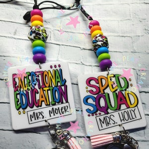 Teacher Rainbow Lanyard - Personalized Leopard Badge Holder - Beaded Key Holder - Colorful Breakaway Lanyard - Trendy Lanyard