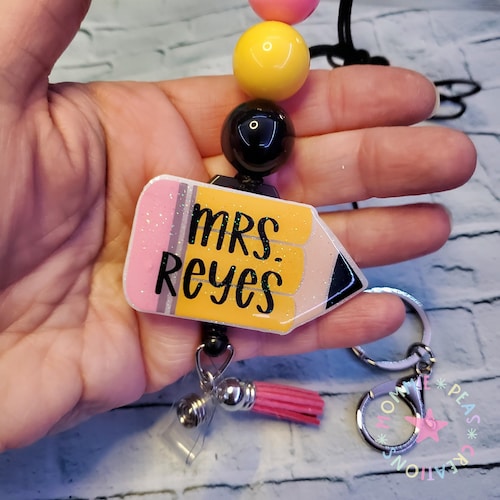 Glitter Pencil Retractable Badge Reel | Personalized Teacher ID Holder | Beaded Lanyard