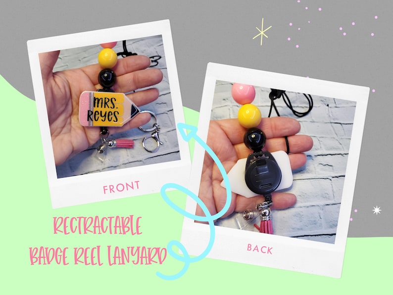Glitter Pencil Retractable Badge Reel | Personalized Teacher ID Holder | Beaded Lanyard image 9