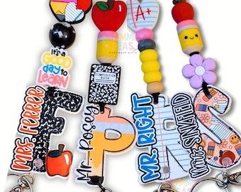 Custom Teacher Lanyard, Beaded Badge Holder with School Charm, Personalized Acrylic Initial, Trendy Educator Gift, Teacher Appreciation